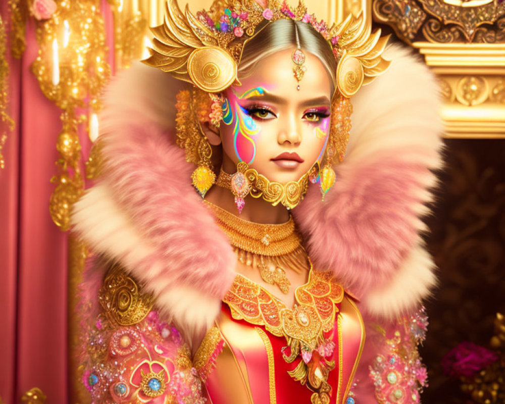 Intricate digital artwork of character adorned in gold jewelry and vibrant makeup against regal backdrop
