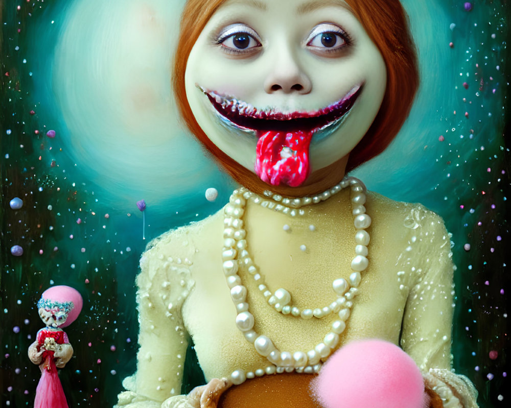 Colorful surreal portrait with exaggerated smile and cosmic background