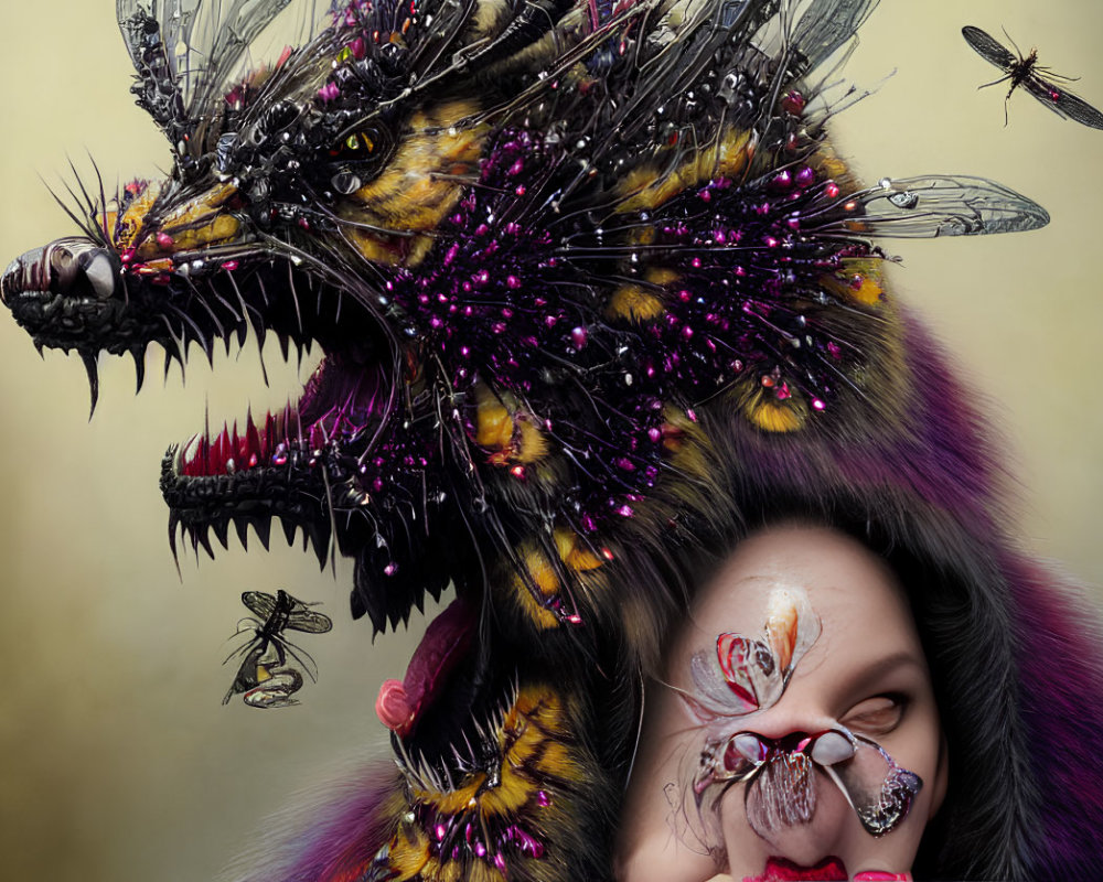 Surreal portrait featuring woman's half-visible face with wolf-like fantasy creature and buzzing insects.