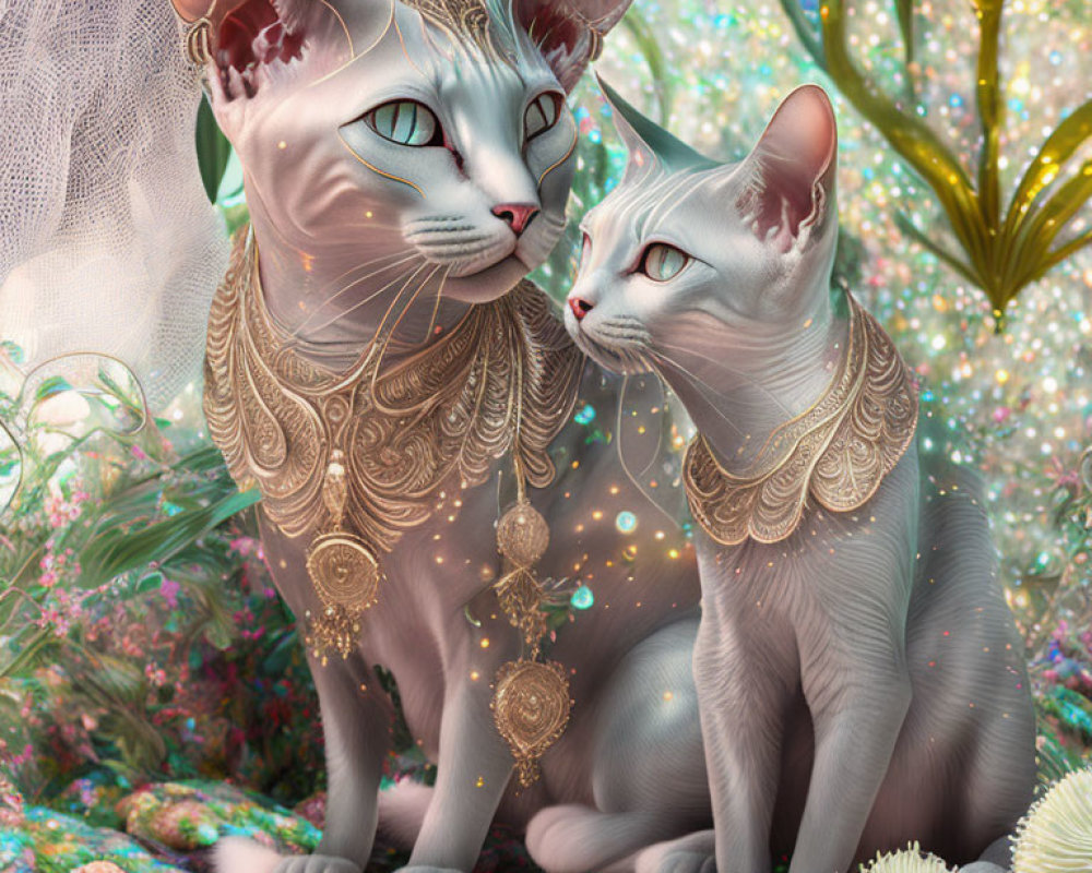 Ornately adorned cats with jewelry on ethereal background