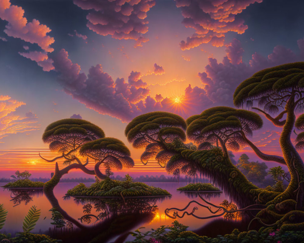 Fantastical landscape with stylized trees and serene lake at sunset