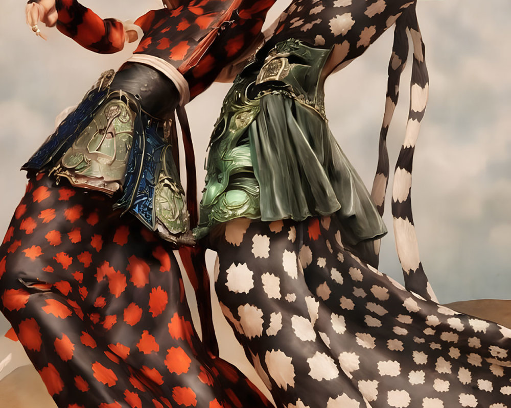 Avant-garde Outfits: Models in Heart and Polka-Dot Patterns Against Cloudy Sky