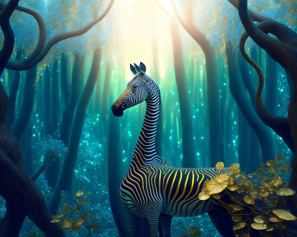 Zebra in mystical forest with golden plants and dark trees