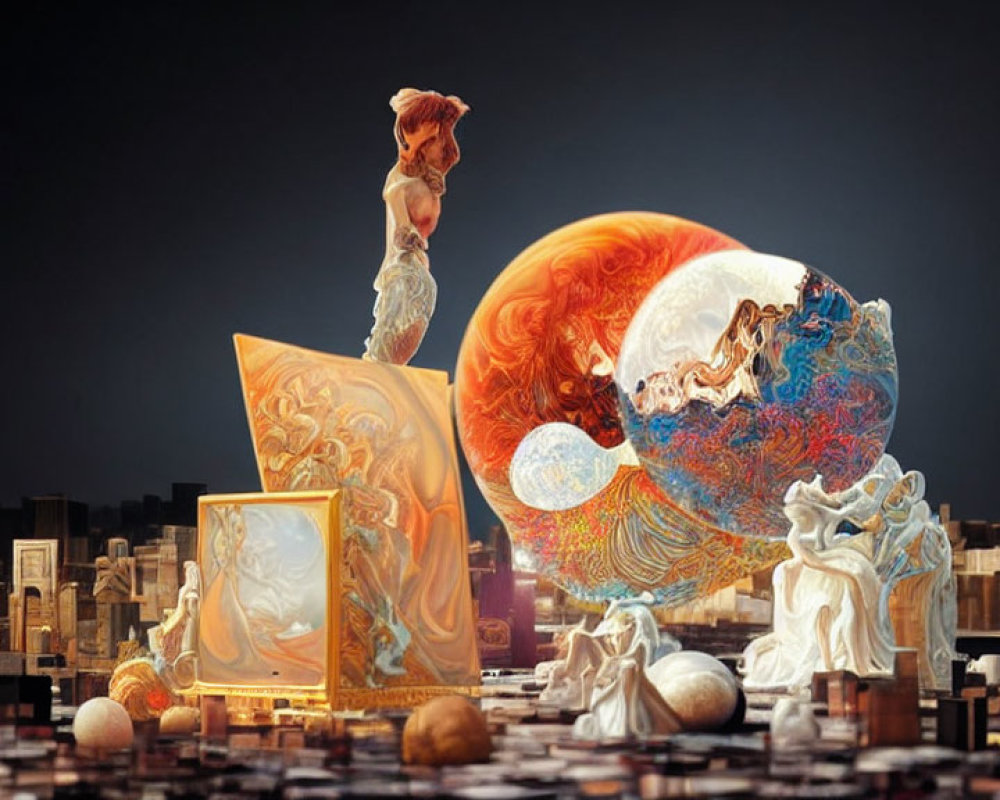 Surreal cityscape with woman, marbled spheres, golden objects, and orange planet