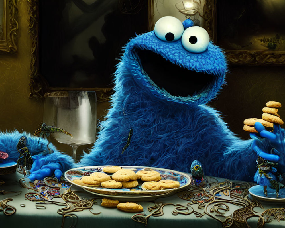 Blue Cookie Monster Surrounded by Cookies and Small Monsters
