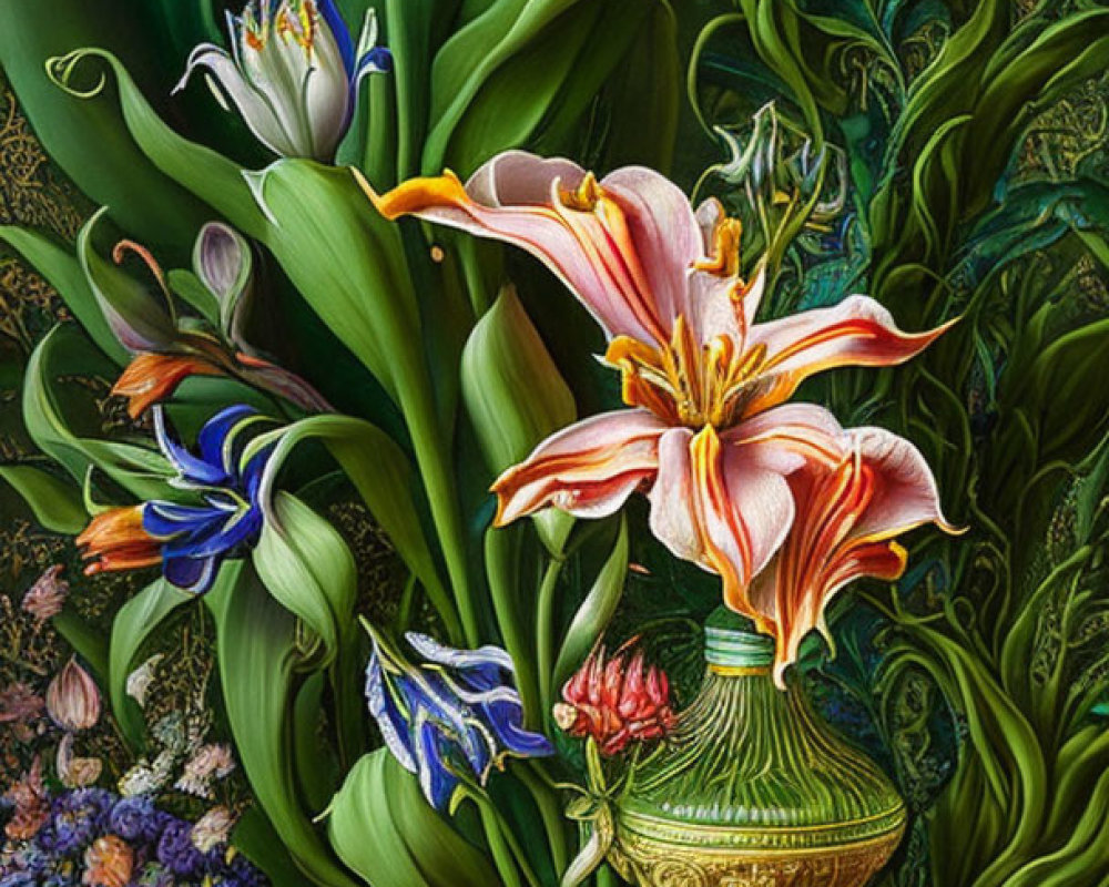 Colorful painting of pink lily, bluebells, and green foliage with golden vase.