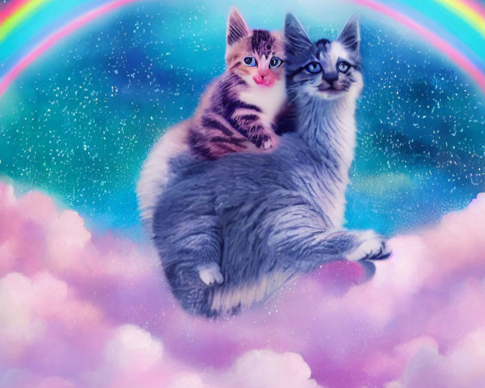 Two Kittens Cuddling on Cloud with Rainbow in Dreamy Sky