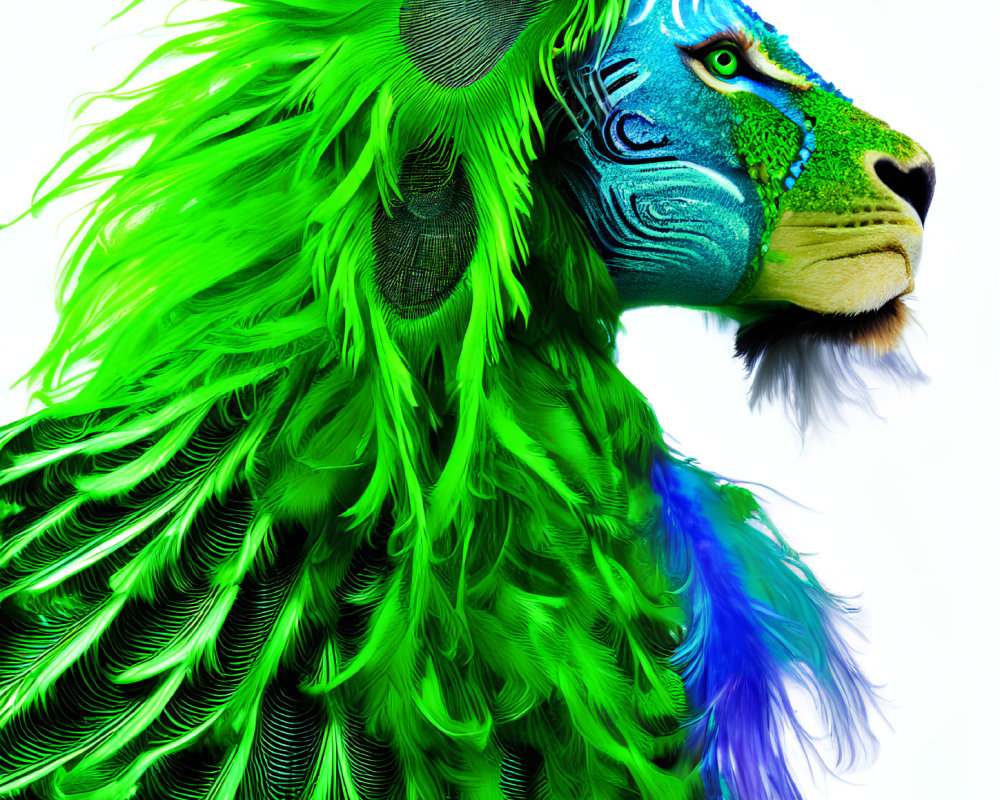 Colorful Lion Artwork Featuring Green Feather Mane and Intricate Face Paint