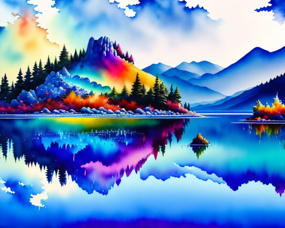 Serene Lake Watercolor Painting with Colorful Foliage