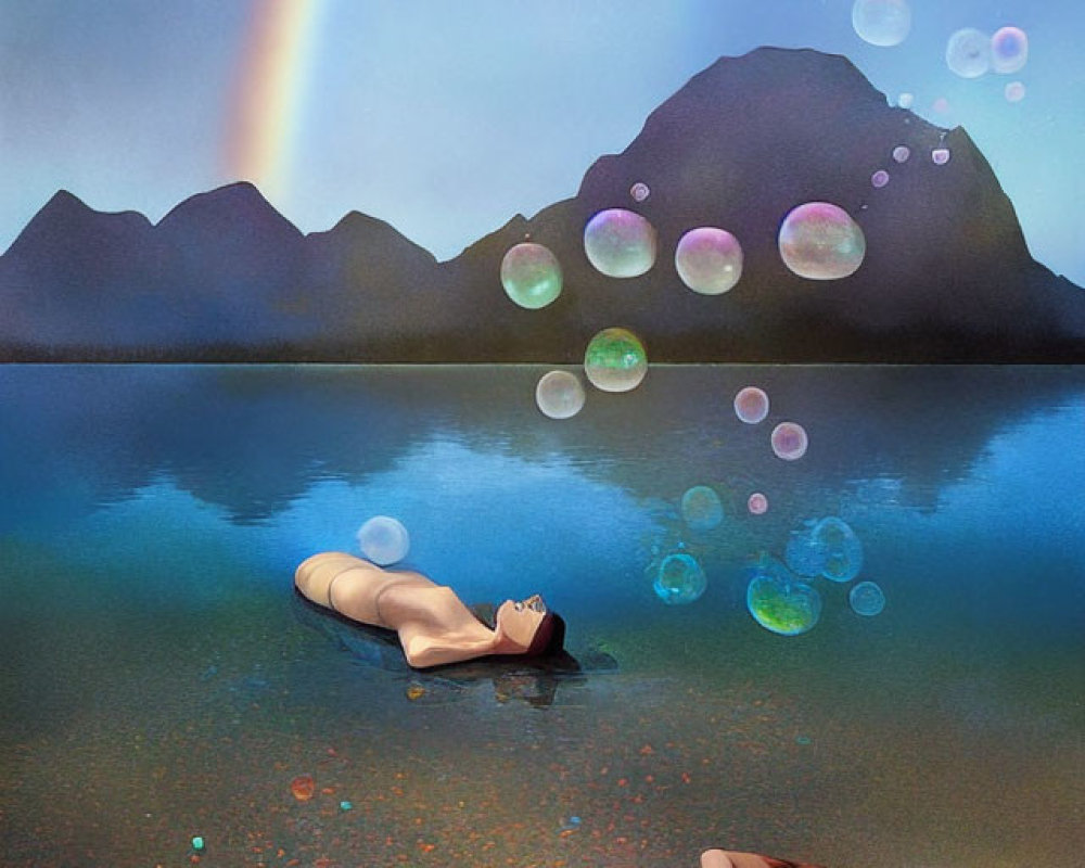 Surreal image of two women in water under rainbow and mountains