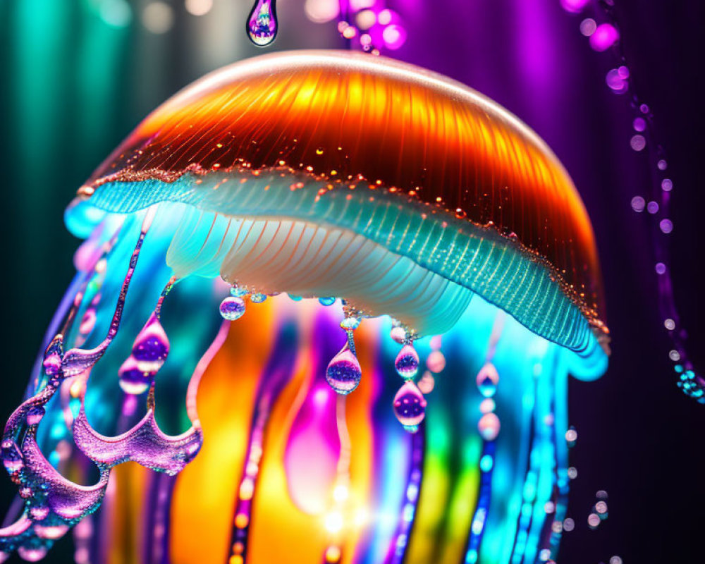 Colorful Jellyfish Digital Artwork with Glowing Body and Water Droplets