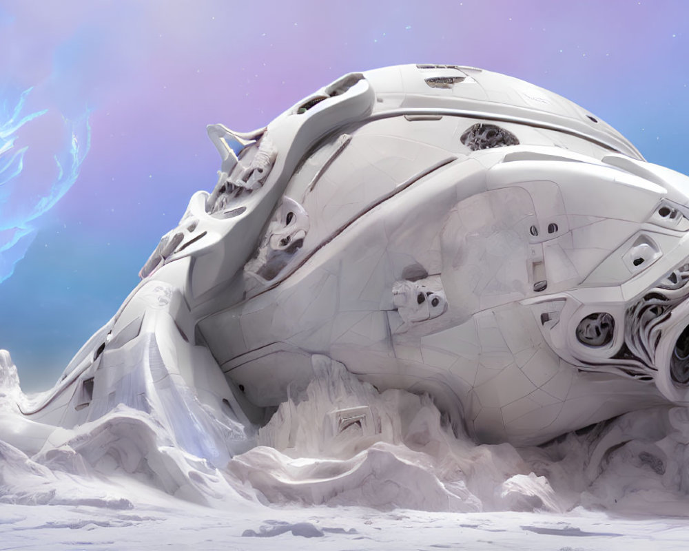 Futuristic spaceship crash in snowy landscape with blue energy emission