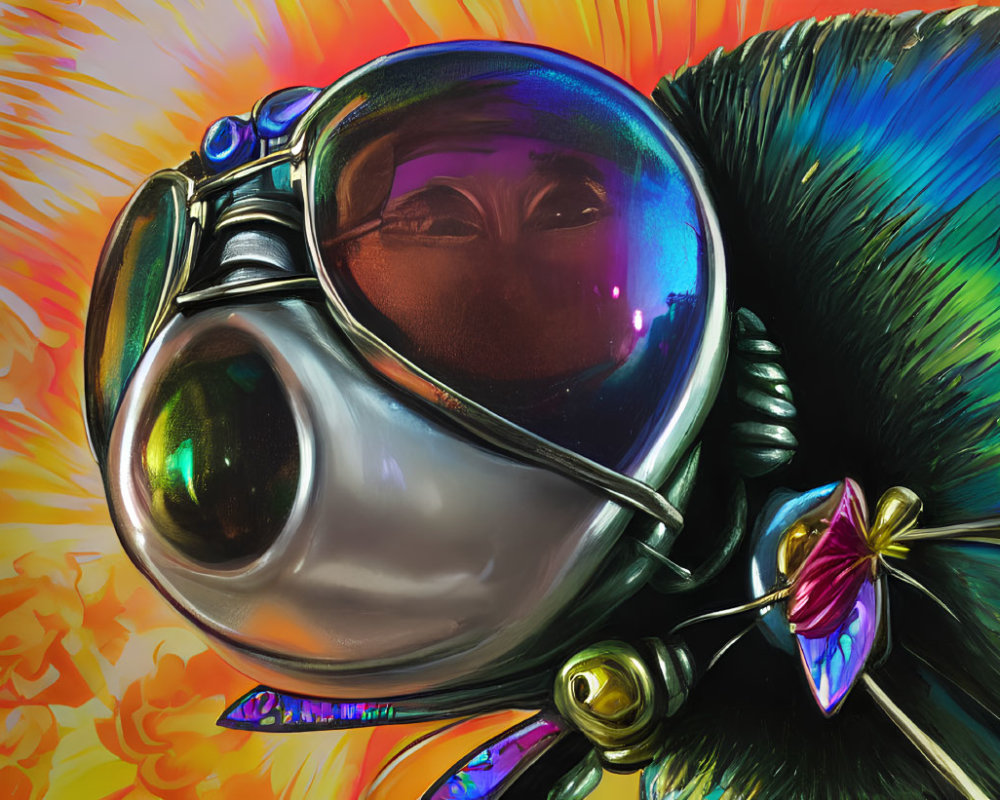Colorful Astronaut Illustration with Reflective Helmet and Psychedelic Background