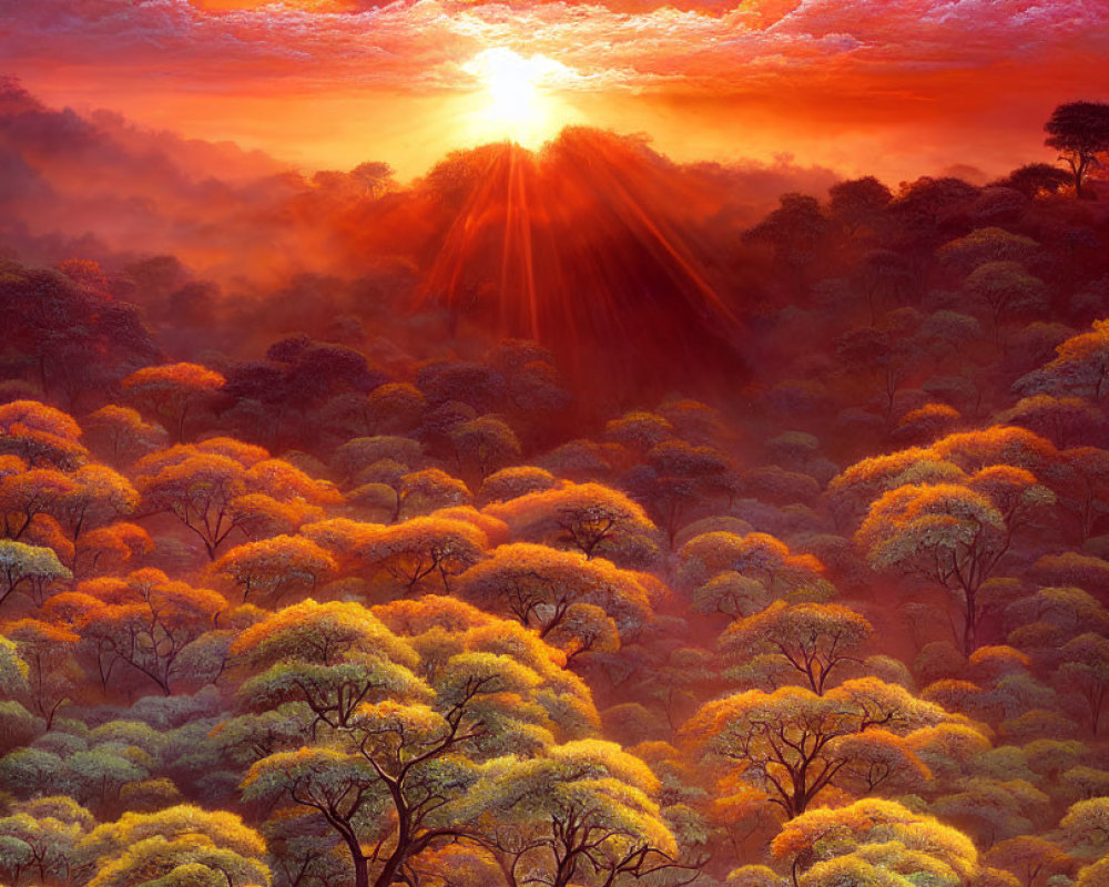 Colorful sunset sky over misty forest with orange trees and sunbeams.