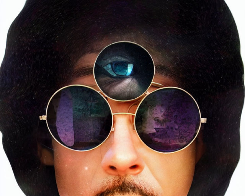 Person with Large Afro in Oversized Round Sunglasses Reflecting Cosmic Scene
