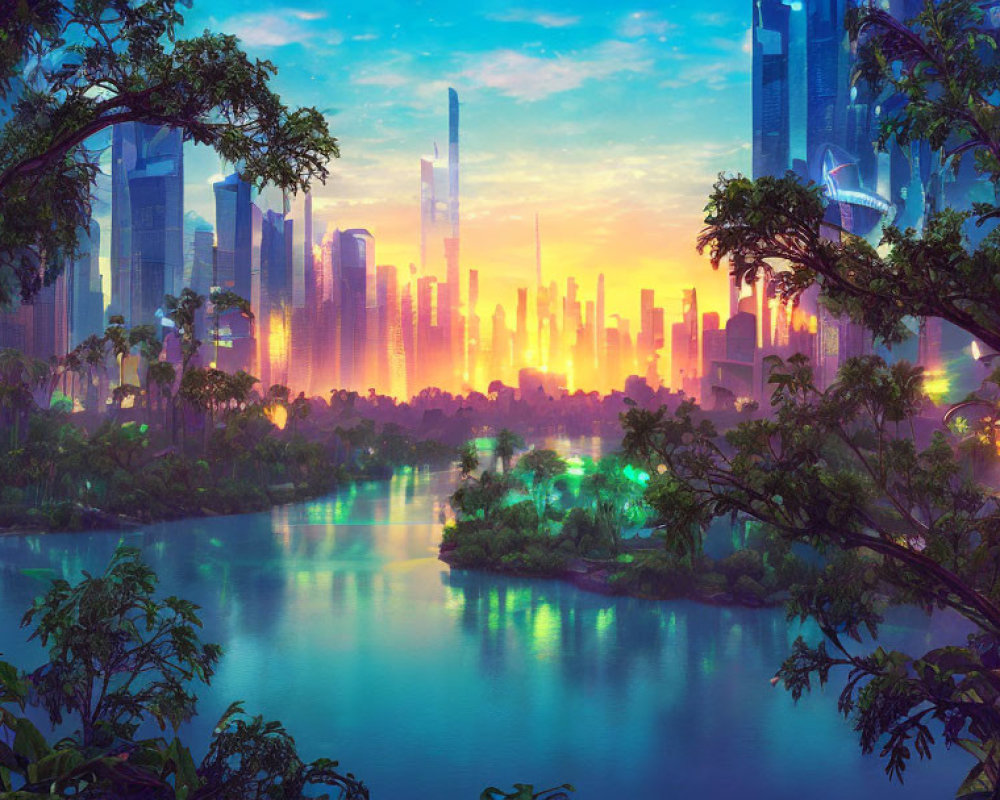 Futuristic cityscape blending nature and skyscrapers at sunrise