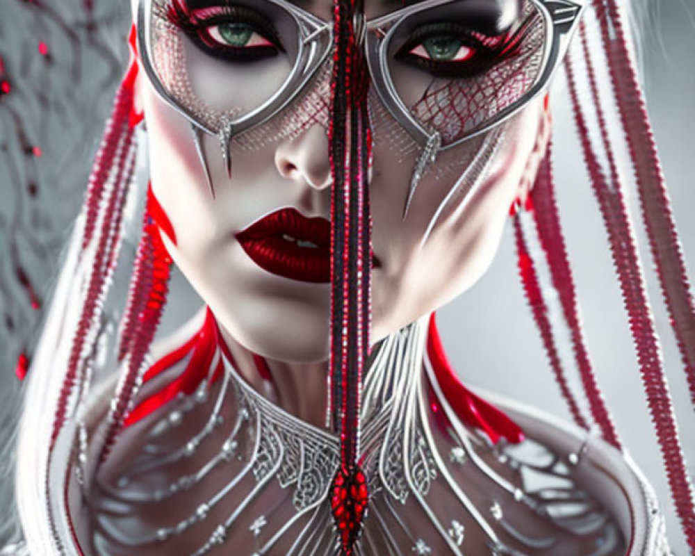 Digital artwork: Woman with red eyes, silver skin, intricate facial adornments, white hair, sym