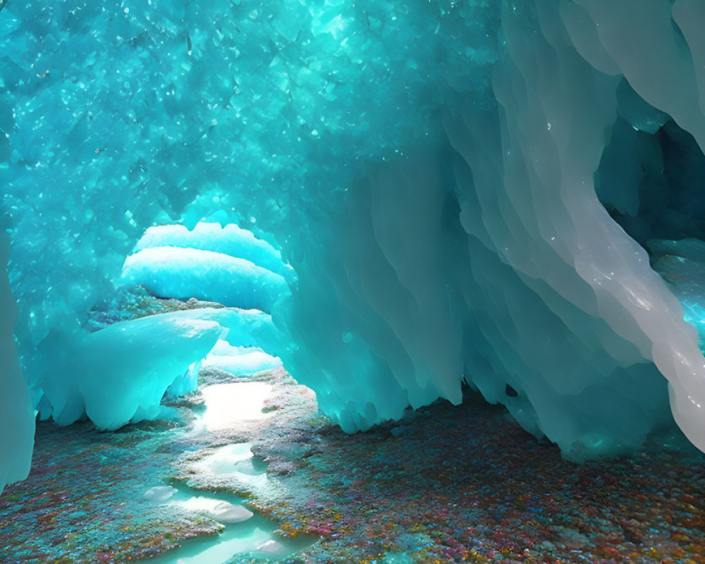Colorful Ice Cave with Turquoise Walls, Icy Floor, and Multicolored Formations