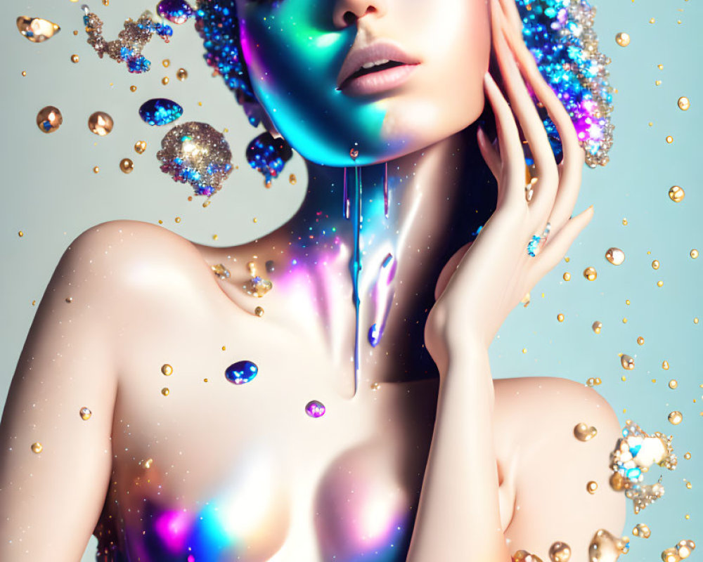 Colorful person with glittery makeup and iridescent bubbles on blue background