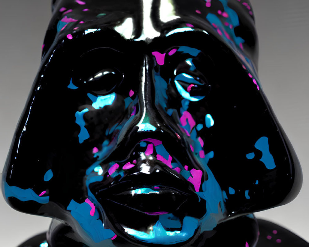 Glossy Black Darth Vader Helmet with Blue and Pink Paint Splatters