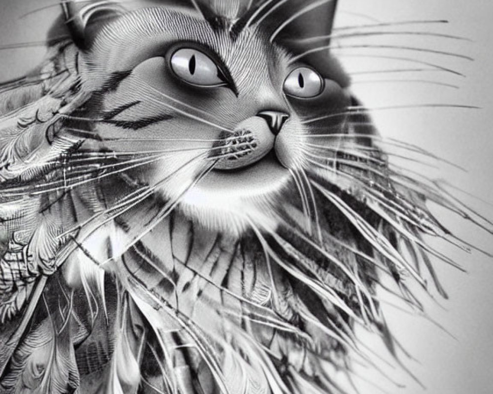 Monochrome artistic illustration of a cat-faced creature with feathered body