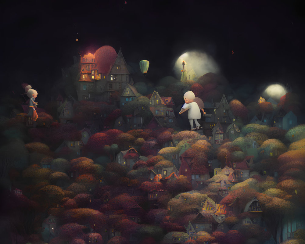 Whimsical characters in cozy village night scene