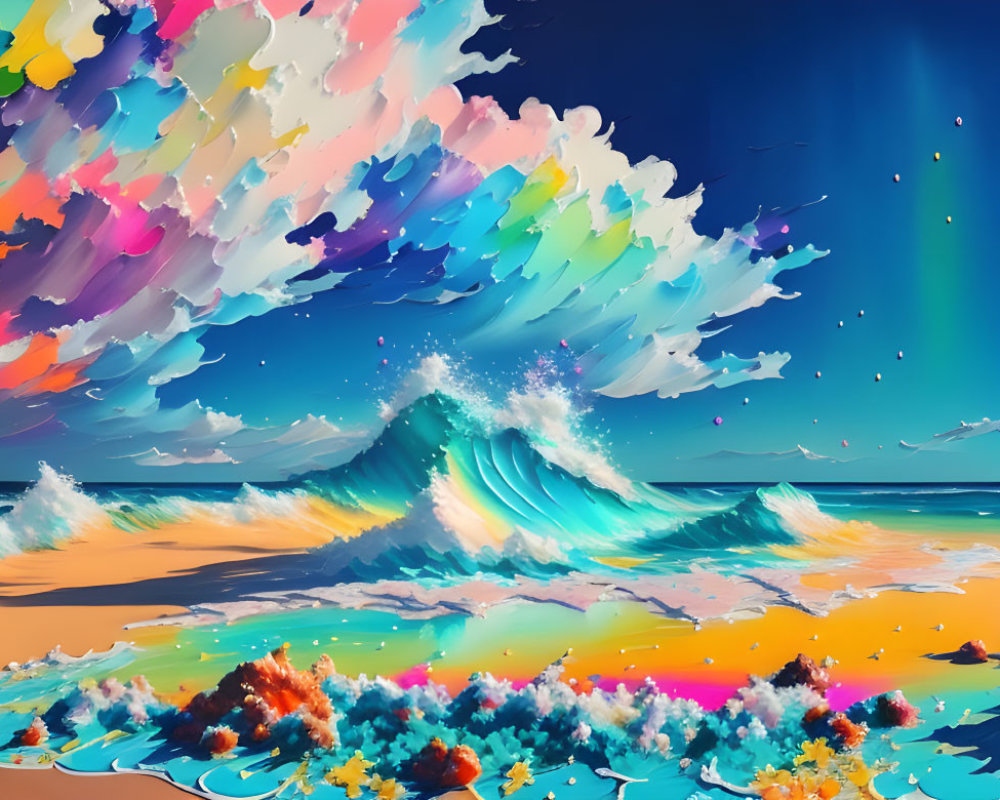 Colorful beach scene with waves crashing under rainbow sky.