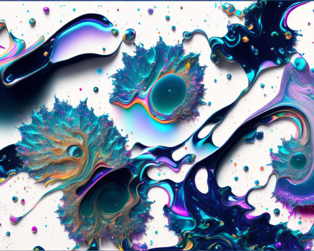 Vibrant abstract art: Blue, black, and gold swirls with peacock feather-like patterns
