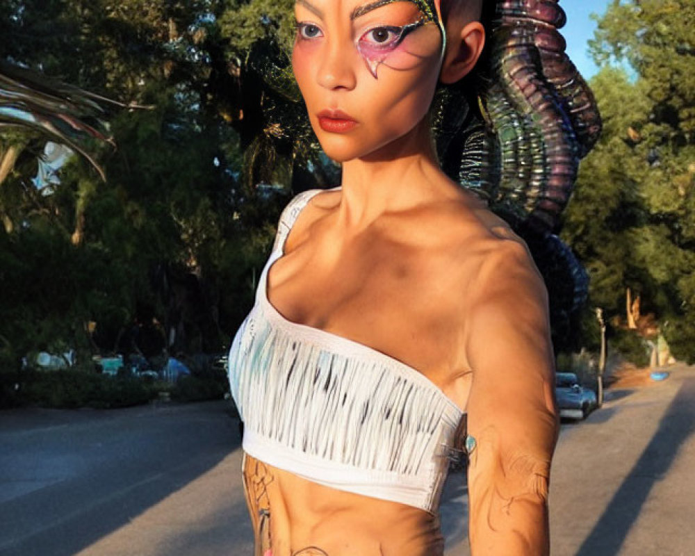 Woman with Elaborate Body Art and Horned Hairstyle Outdoors
