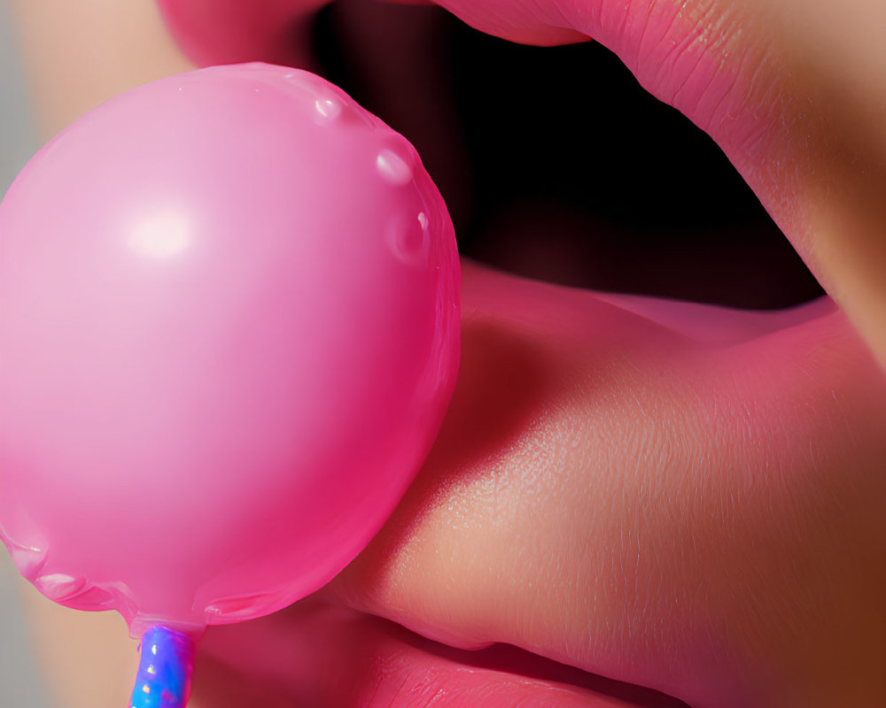 Pink glossy lips with small bubble gum balloon close-up.