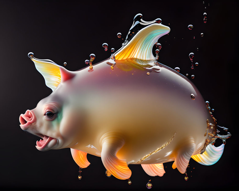 Surreal flying pig sculpture with translucent wings in water droplets