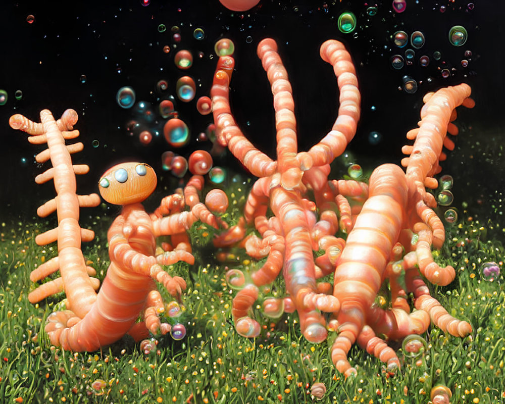 Surreal cartoonish orange worm with segmented bodies and eyes in a field with bubbles