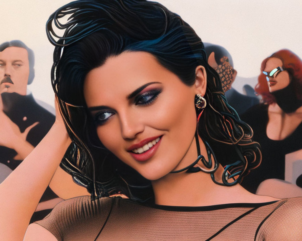 Smiling woman with dark hair in stylish attire and illustrated background