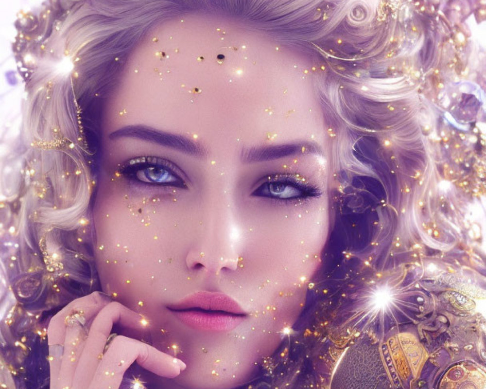 Blonde woman with ornate hair and golden skin in digital portrait