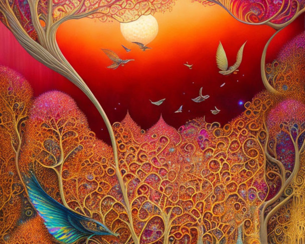 Surreal landscape with whimsical trees, orange-red sky, purple moon, and flying birds
