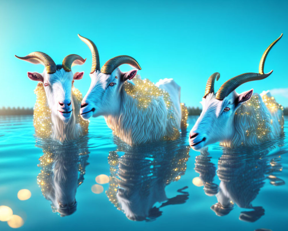 Three glowing goats with prominent horns standing in water under a serene blue sky