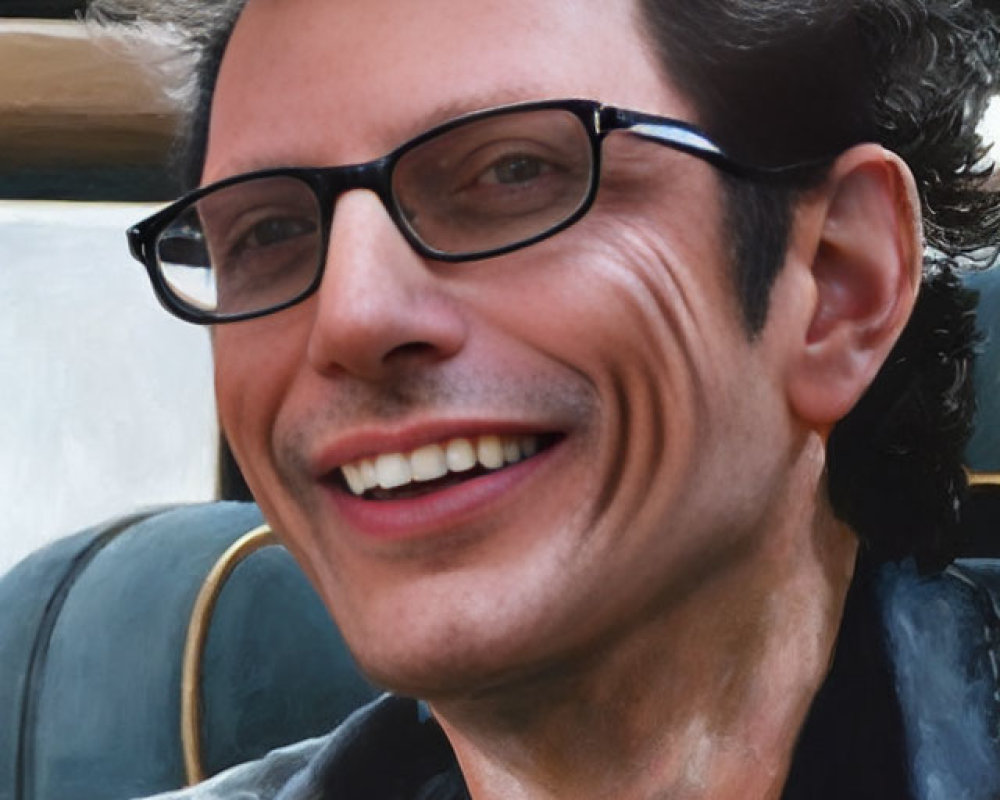 Smiling man with slicked-back hair and black glasses in black jacket indoors