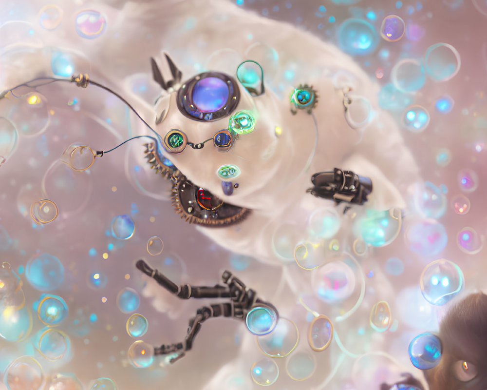 Whimsical illustration of robot with gemstone eye and iridescent bubbles