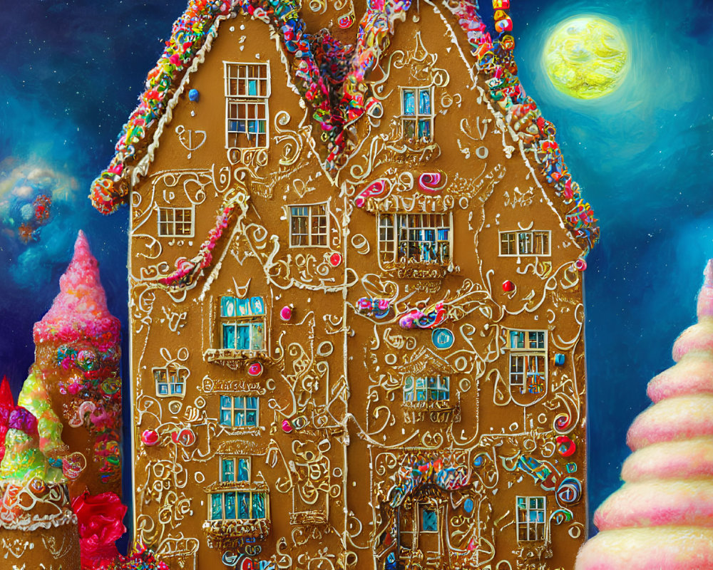 Colorful Candy-Adorned Gingerbread House under Night Sky