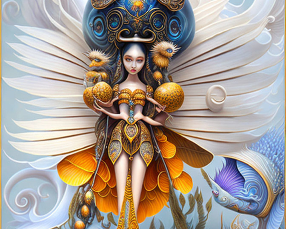 Ornate blue and gold attire on fantastical female figure amid whimsical backdrop