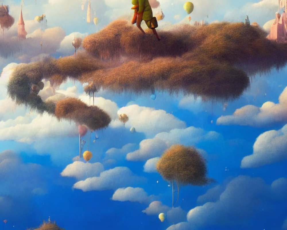 Whimsical painting of character on floating island with colorful balloons and castles