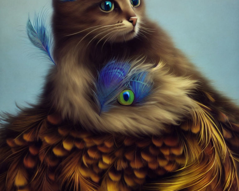 Surreal illustration of a cat with brown fur and peacock feathers