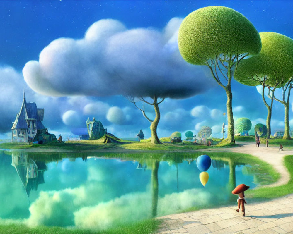 Surreal landscape with oversized trees, house, balloons, and serene lakeside walk