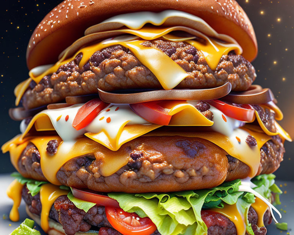 Double Cheeseburger with Beef Patties, Melted Cheese, Lettuce, Tomatoes,