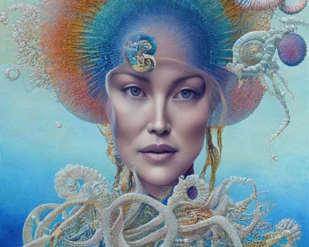 Surreal portrait of woman with marine-themed embellishments