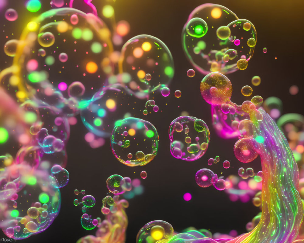 Colorful bubbles and neon wave on dark background