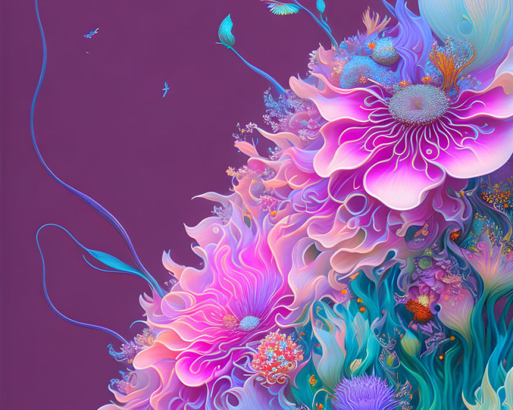 Fantastical purple floral arrangement with butterflies in digital art