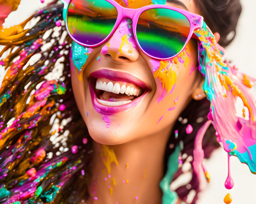 Colorful Paint Splashes Adorn Joyful Woman in Pink Sunglasses
