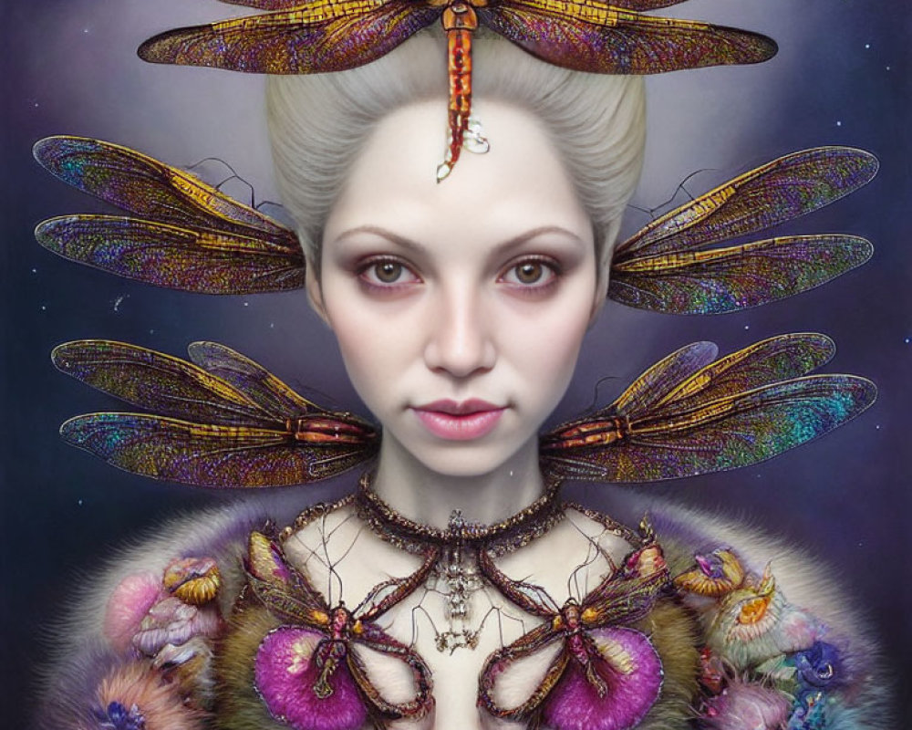 Fantasy portrait of a woman with dragonfly wings in vibrant colors against a starry background
