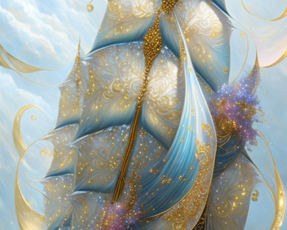 Golden ornate ship with billowing sails in magical sky